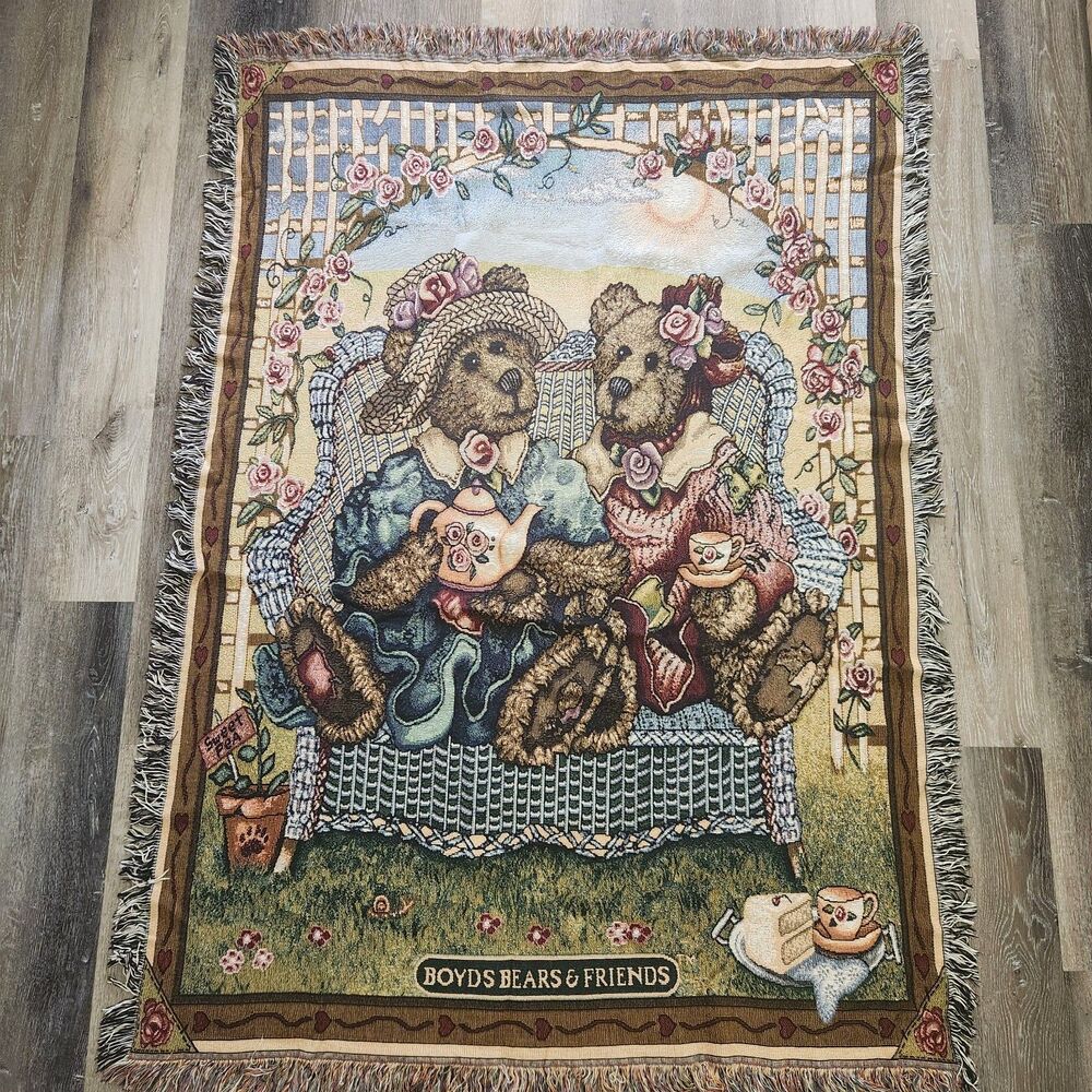 Boyds Bears & Friends Tea Time Throw Blanket 48x66" Afghan Tapestry
